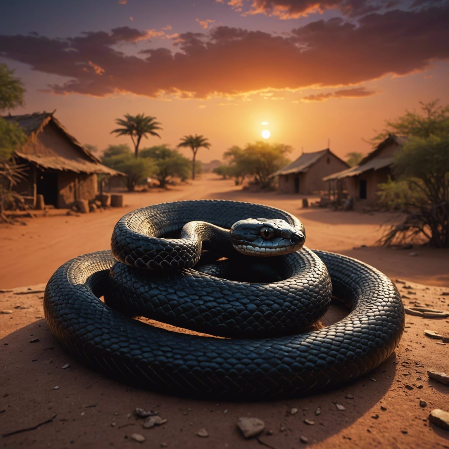 Black Snake in Burkina Faso Village Sunset