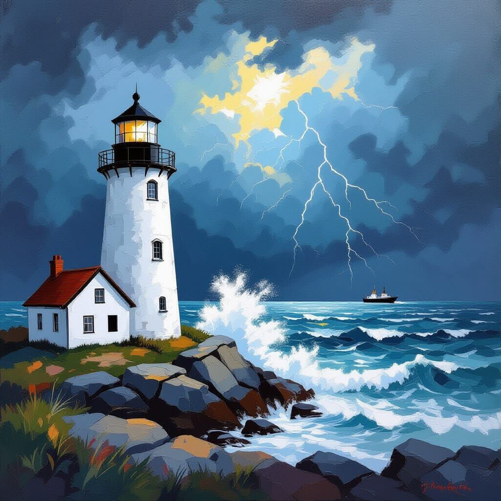 Dramatic Lighthouse Seascape in Gouache Impasto Style