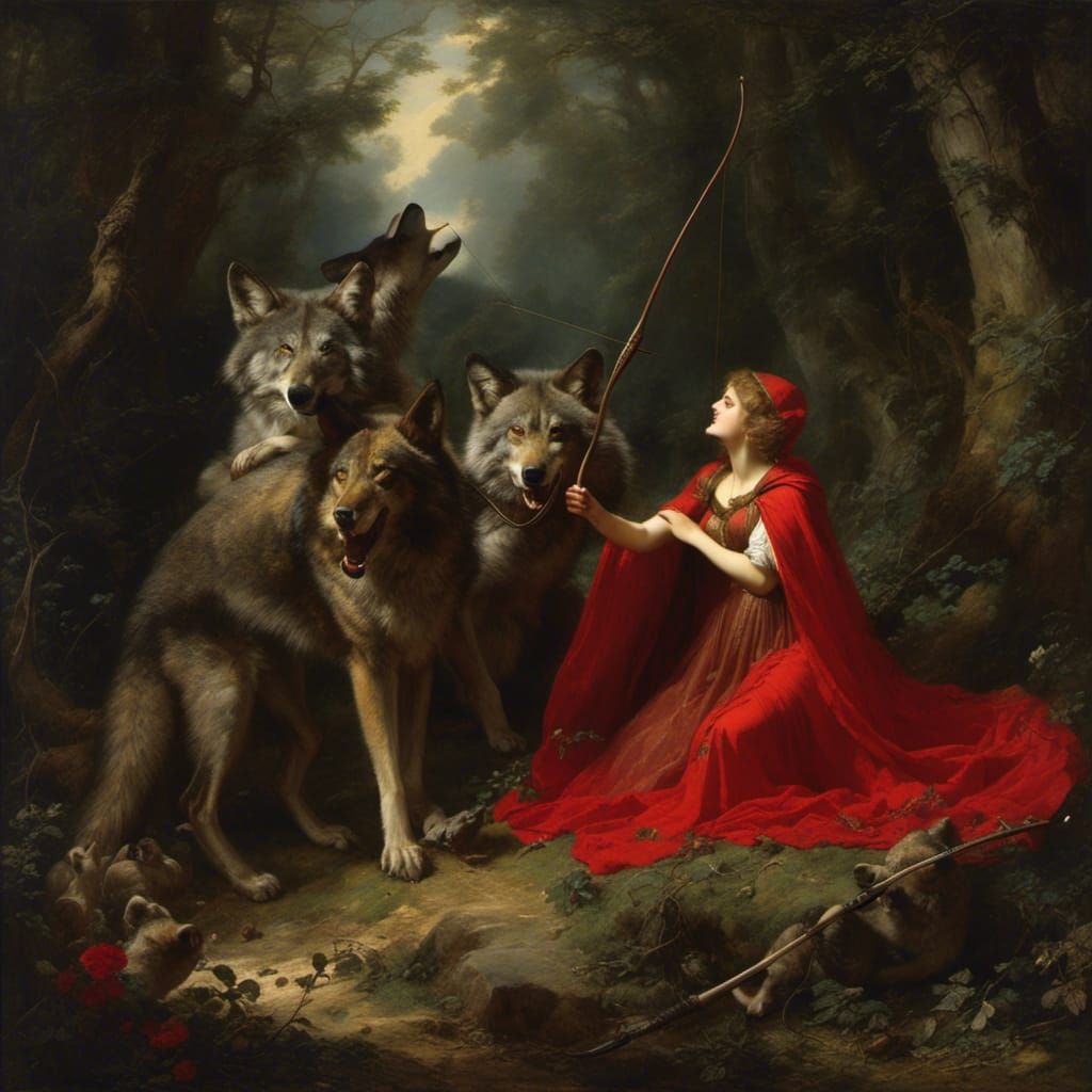 Little Red Riding Hood shoots the Wolve with Bow and Arrow