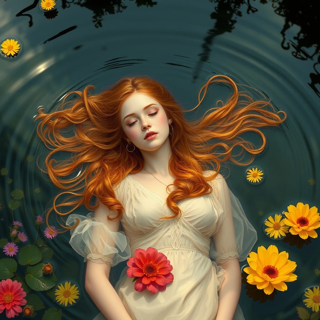 Woman in Pond with Flowers: Pre-Raphaelite Style