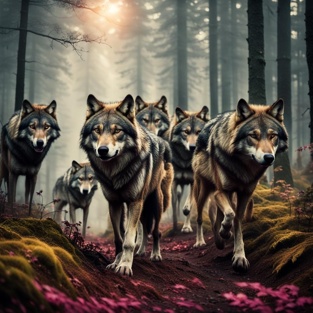 Wolves Hunting in Misty Forest at Golden Hour