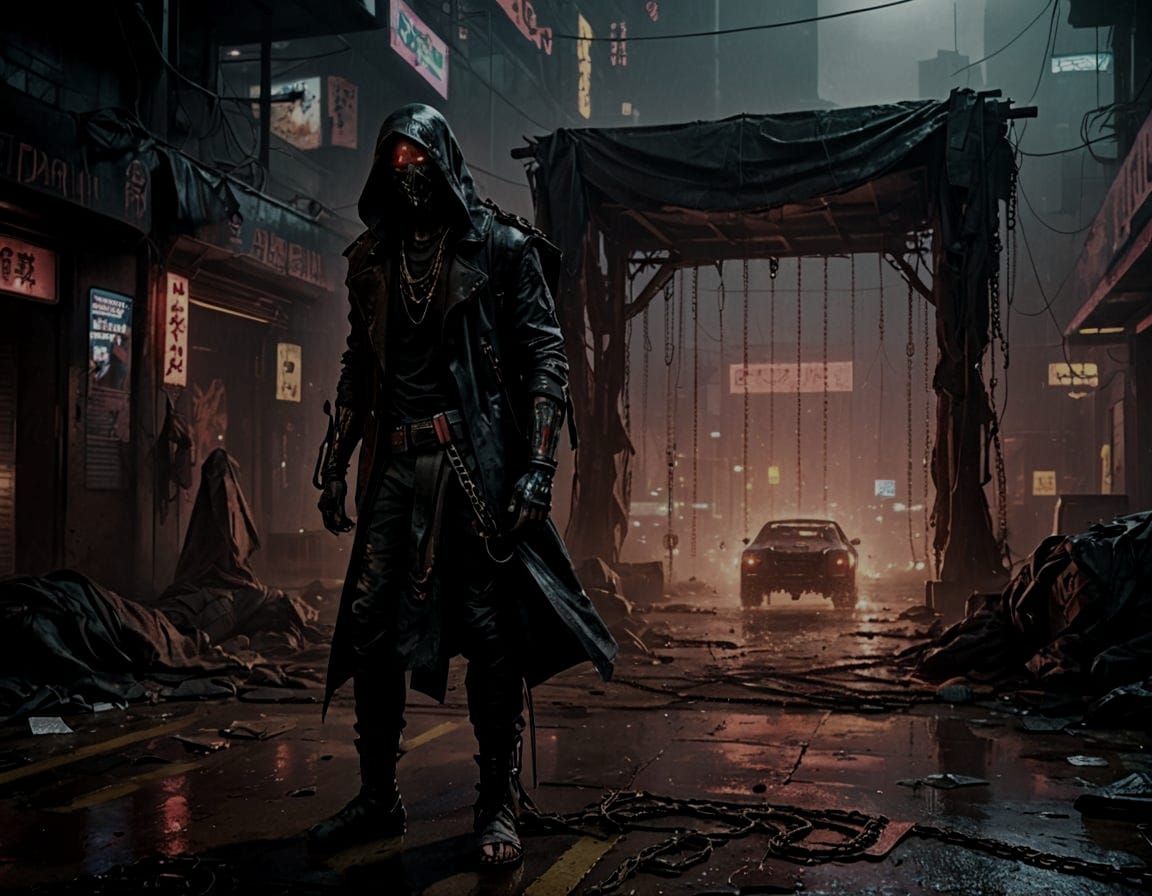 Cyberpunk Fallen Angel in Neon Dystopia