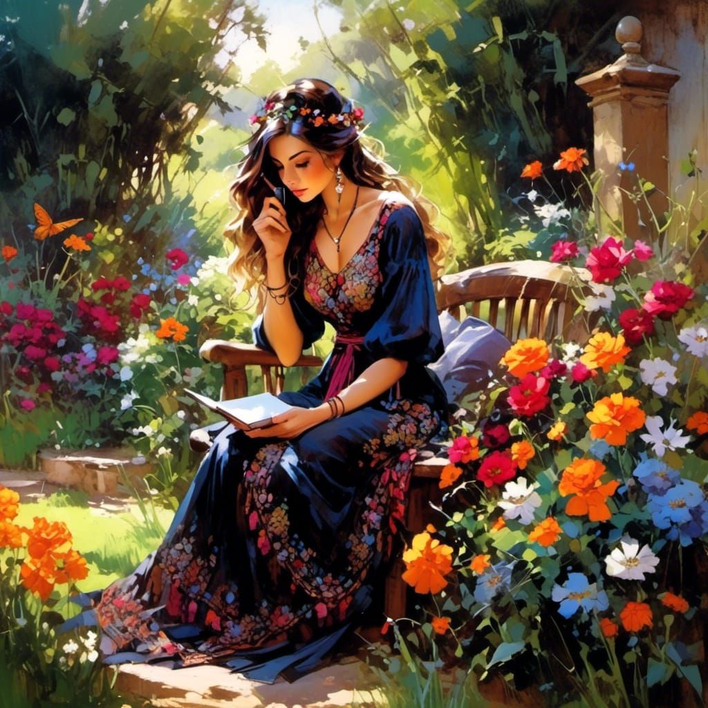 Woman Relaxing in Peaceful Garden Scene