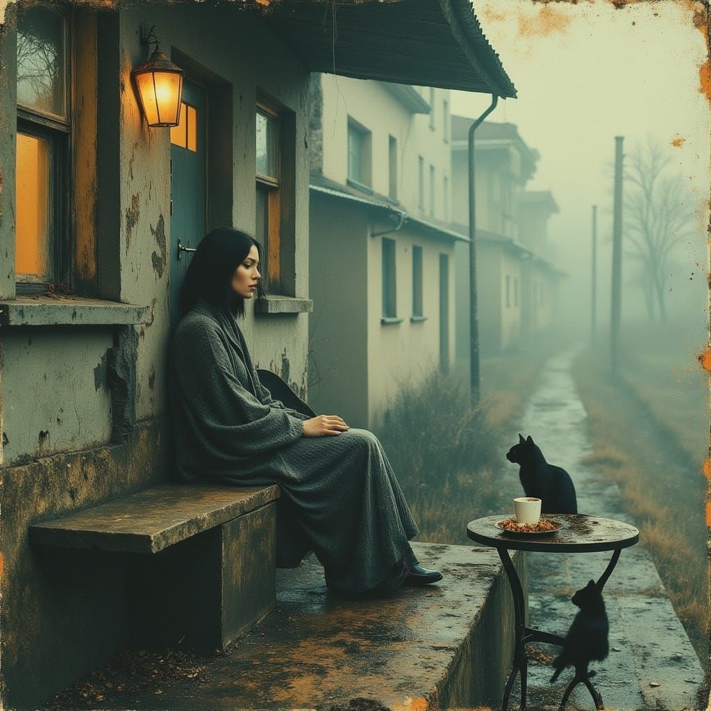 Futuristic Woman with Cat in Misty Morning
