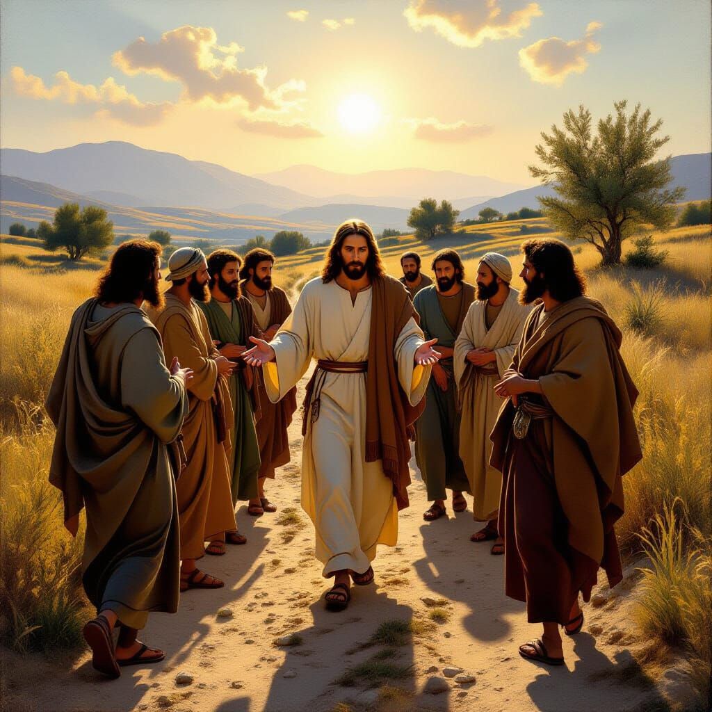 Jesus Christ and Disciples in Sunlit Galilean Landscape