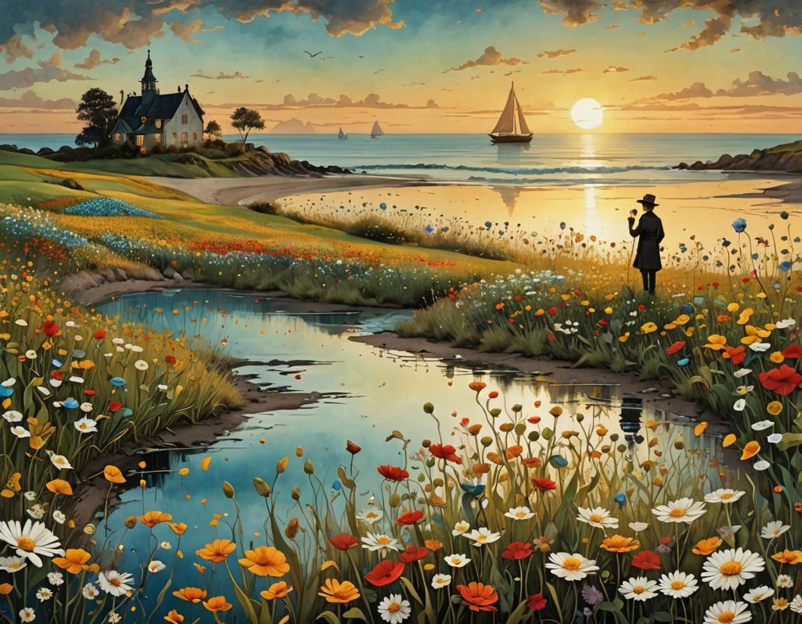 Dreamlike Seaside Flower Field Painting