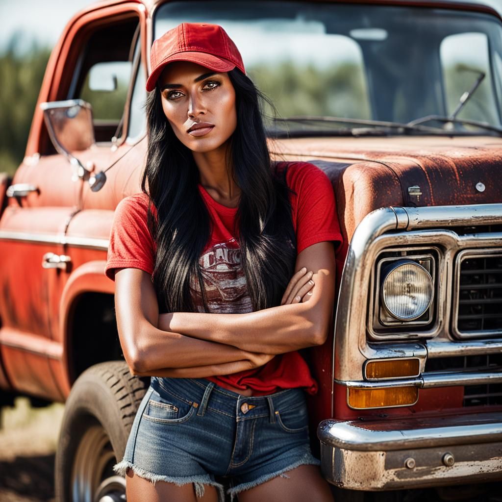 Portrait of a Woman in Front of Red Truck