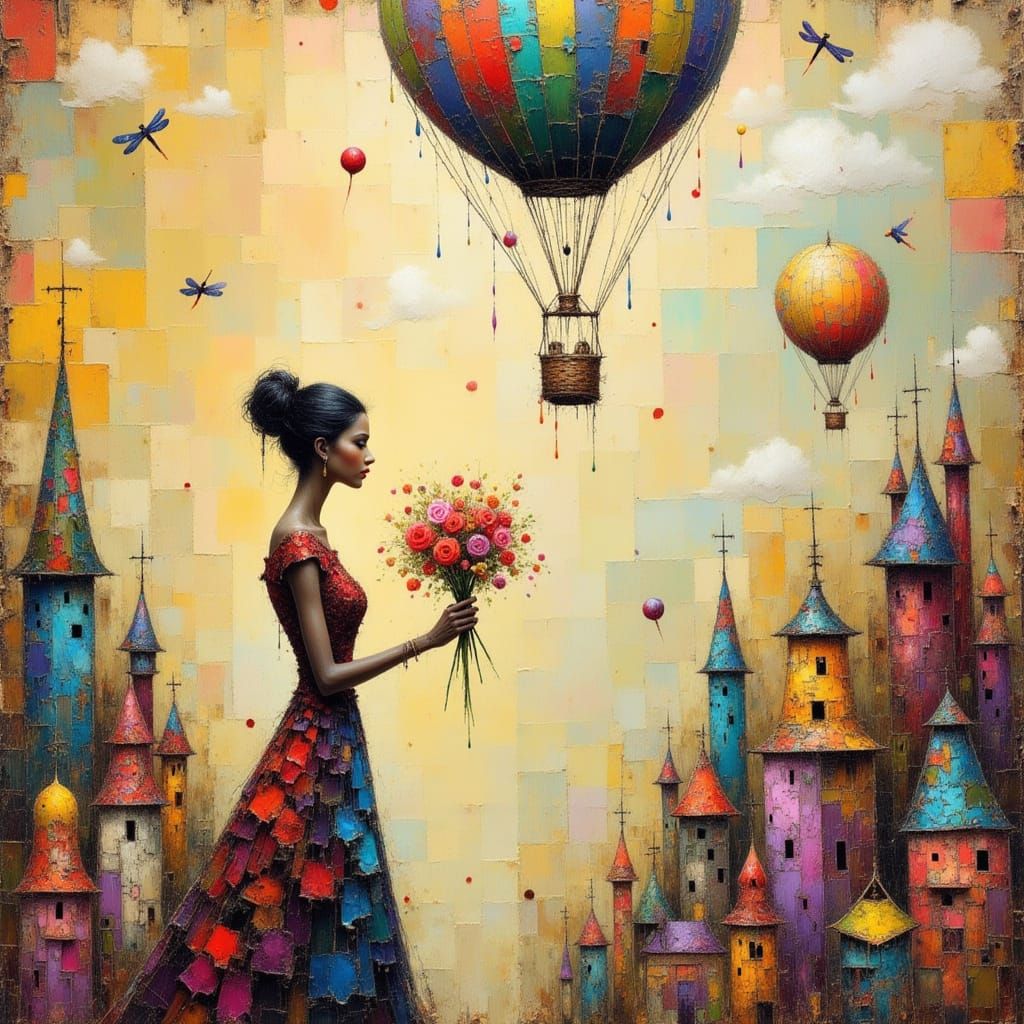 Surreal Giant Woman in Strange Town Mixed Media