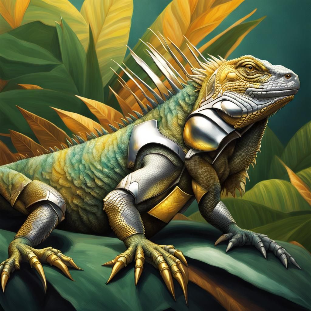 Armored Iguana on Leaf: Hyperrealistic Concept Art