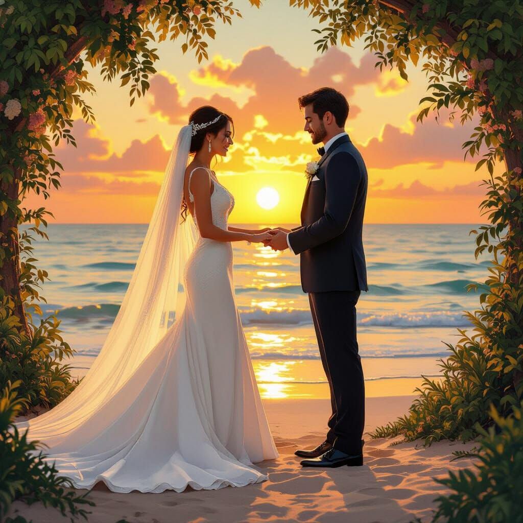 Beach Wedding at Sunset in Romantic Realism