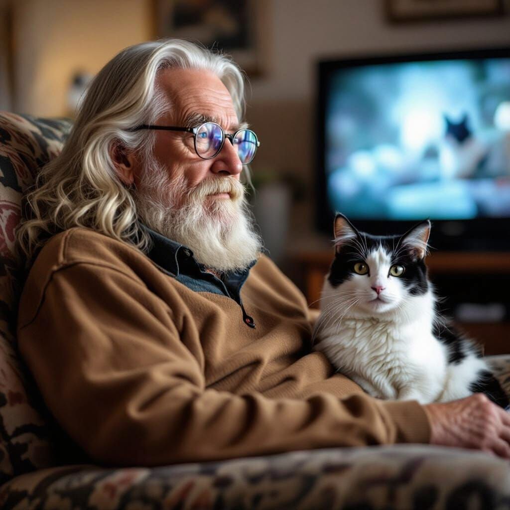 Man and Cat Watching Television Together
