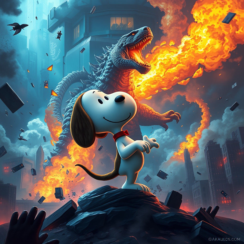 Snoopy as Colossal Godzilla in a Futuristic Cityscape