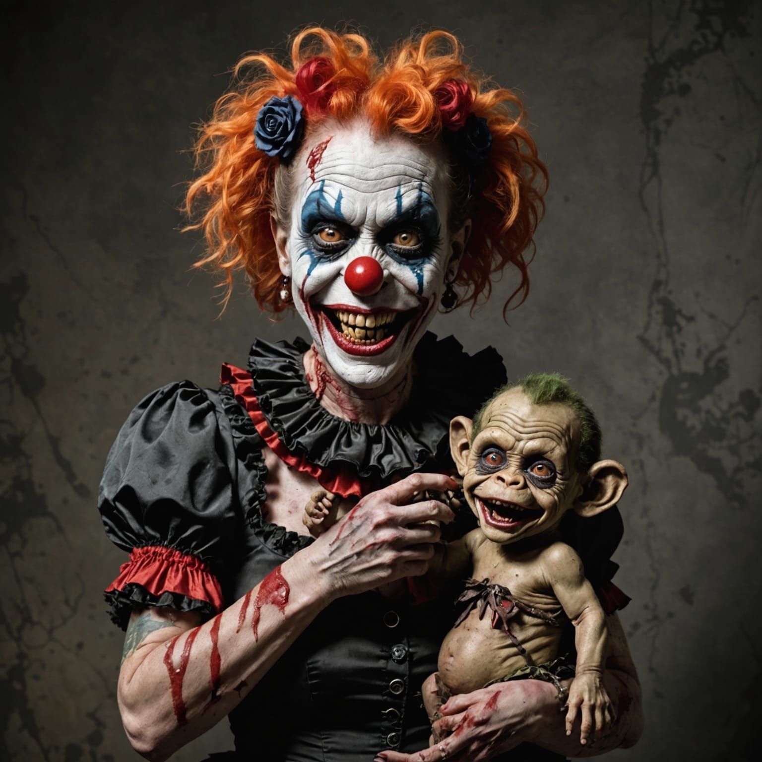Grotesque Burlesque Dancer Holds Rotting Zombie Monkey