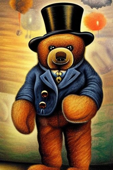 Portrait of teddy bear, cute, with hat, by Otto Dix::0.8 Salvator Dali::0.1 Pablo Picasso::0.1 Thomas Kinkade::0.9 a mas...