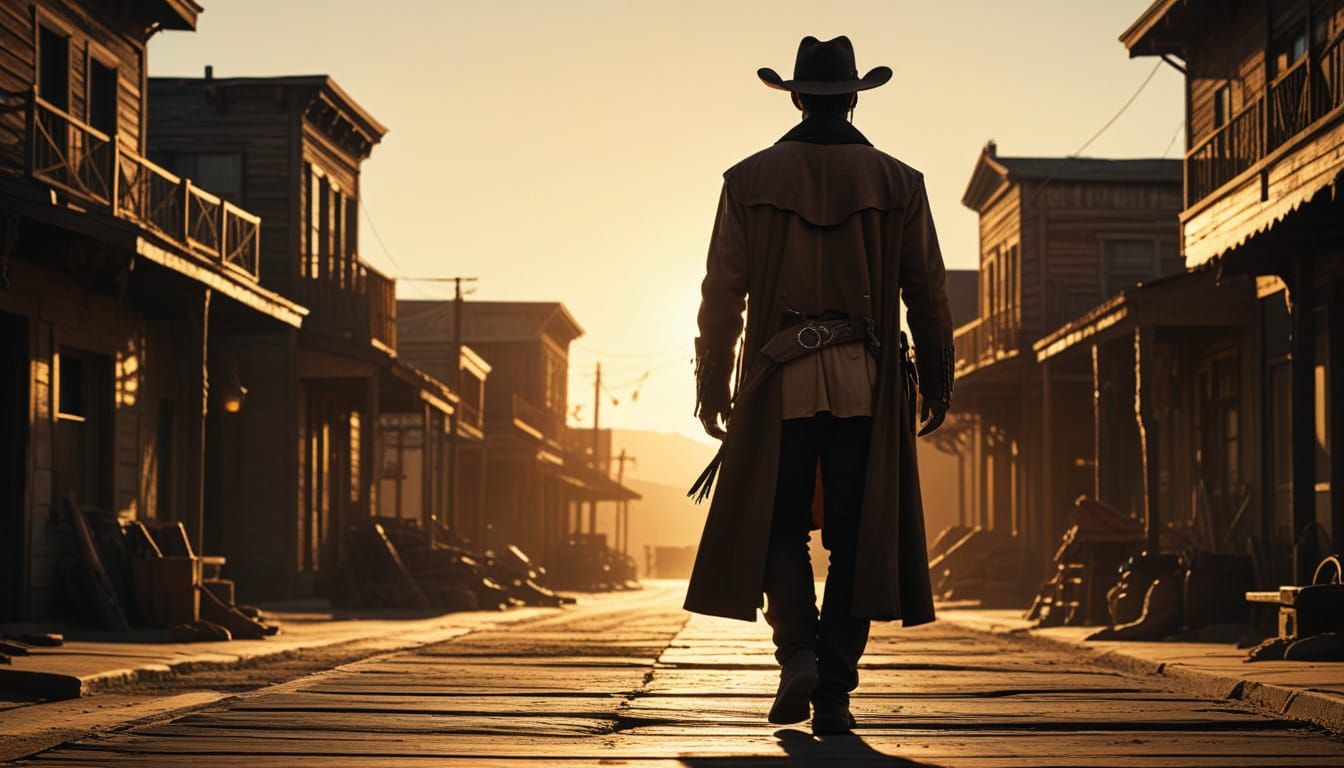 Cowboy Silhouette at Sunset in Western Town