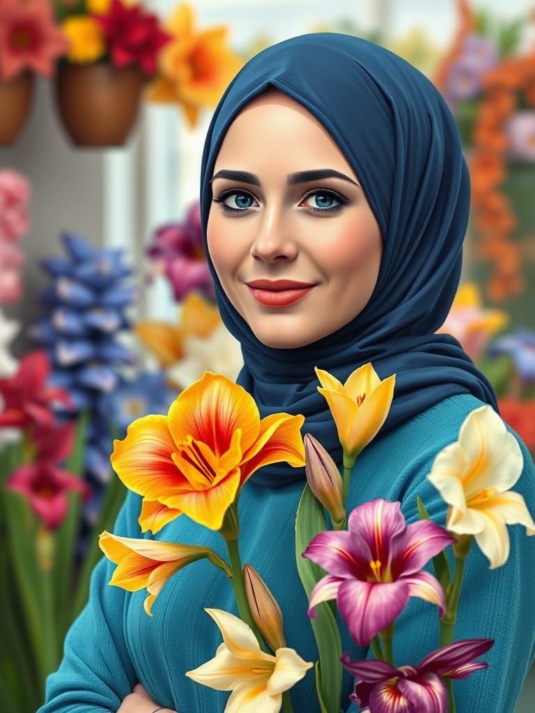 Swedish Hijabi Florist in Flower Shop Painting