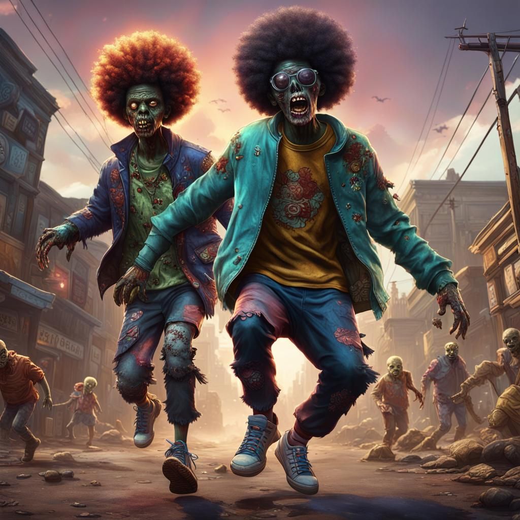 Zombie with Afro Chasing Kid: Detailed Matte Painting