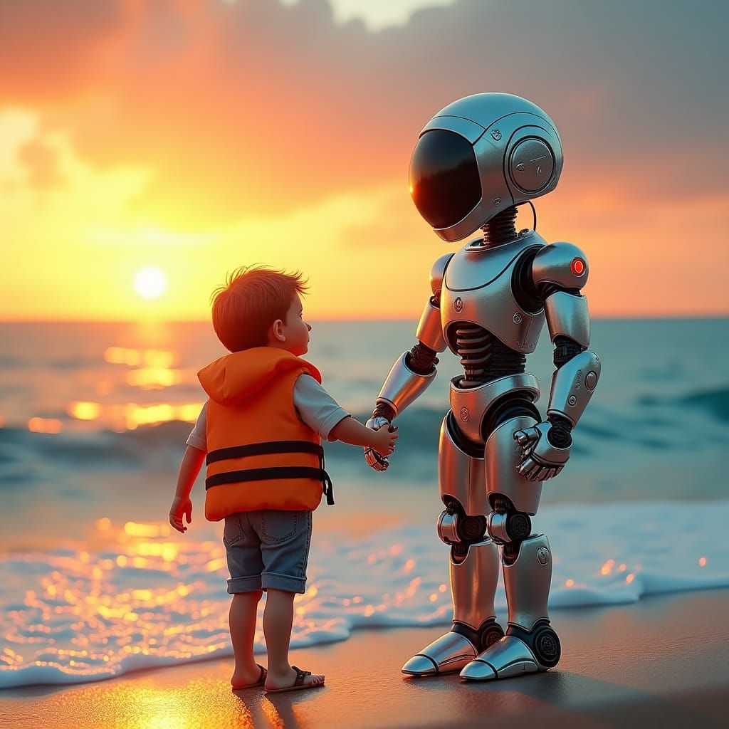 Boy and Robot Watch Sunset in Dreamlike World