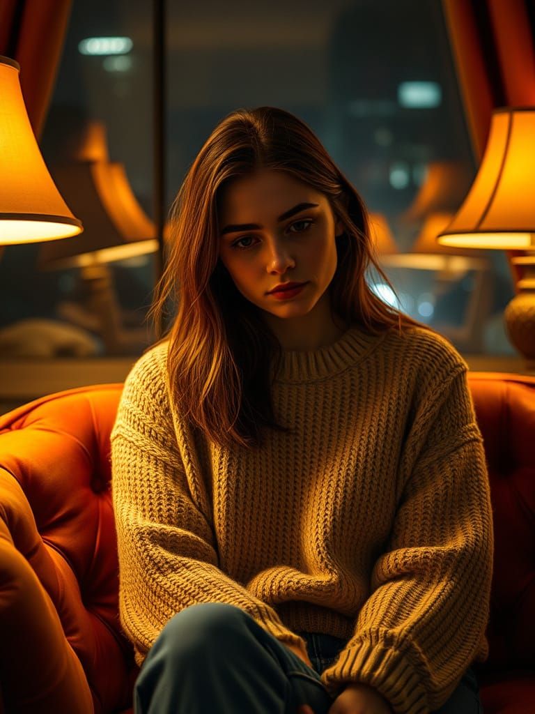 A Young Woman Lost in Thought, Amidst Warm City Lights