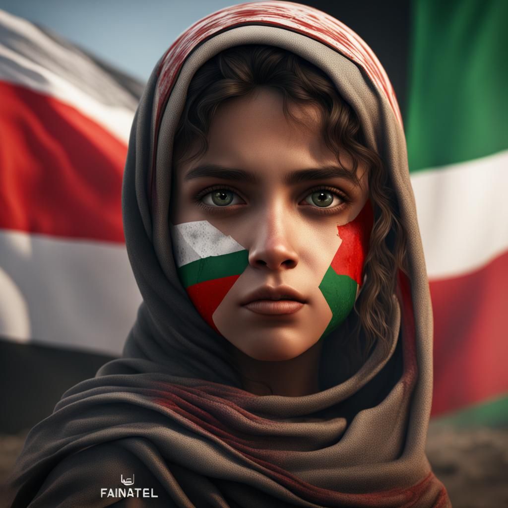 Girl with Palestinian Flag: Detailed Matte Painting