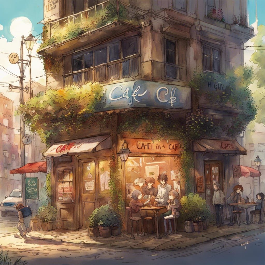 Charming Cafe in Anime-Inspired Watercolor Style