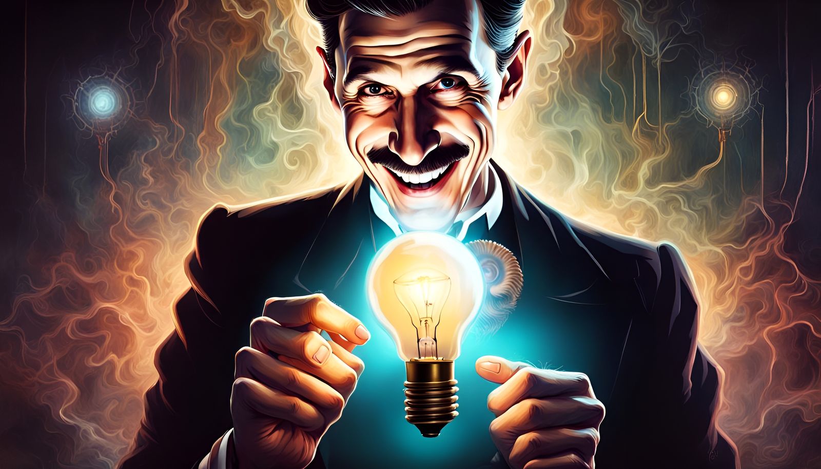 Nikola Tesla Portrait with Lightbulb in Dark Fantasy Style