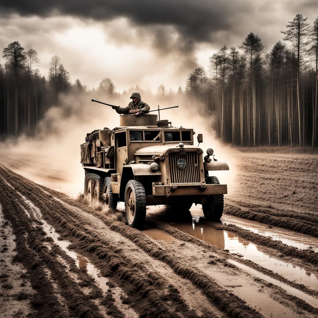 WWII Halftrack in Muddy Field, Hyperrealistic Detail