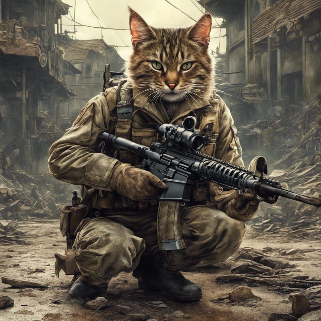 Warrior Stray Cat with Machine Gun, Digital Art