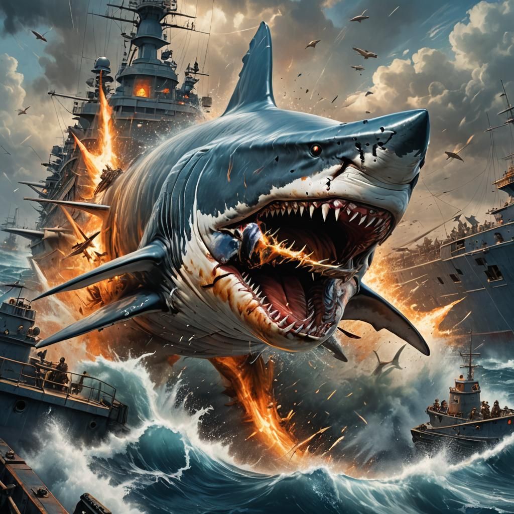 Colossal Shark Attacking Battleship: Digital Matte Painting