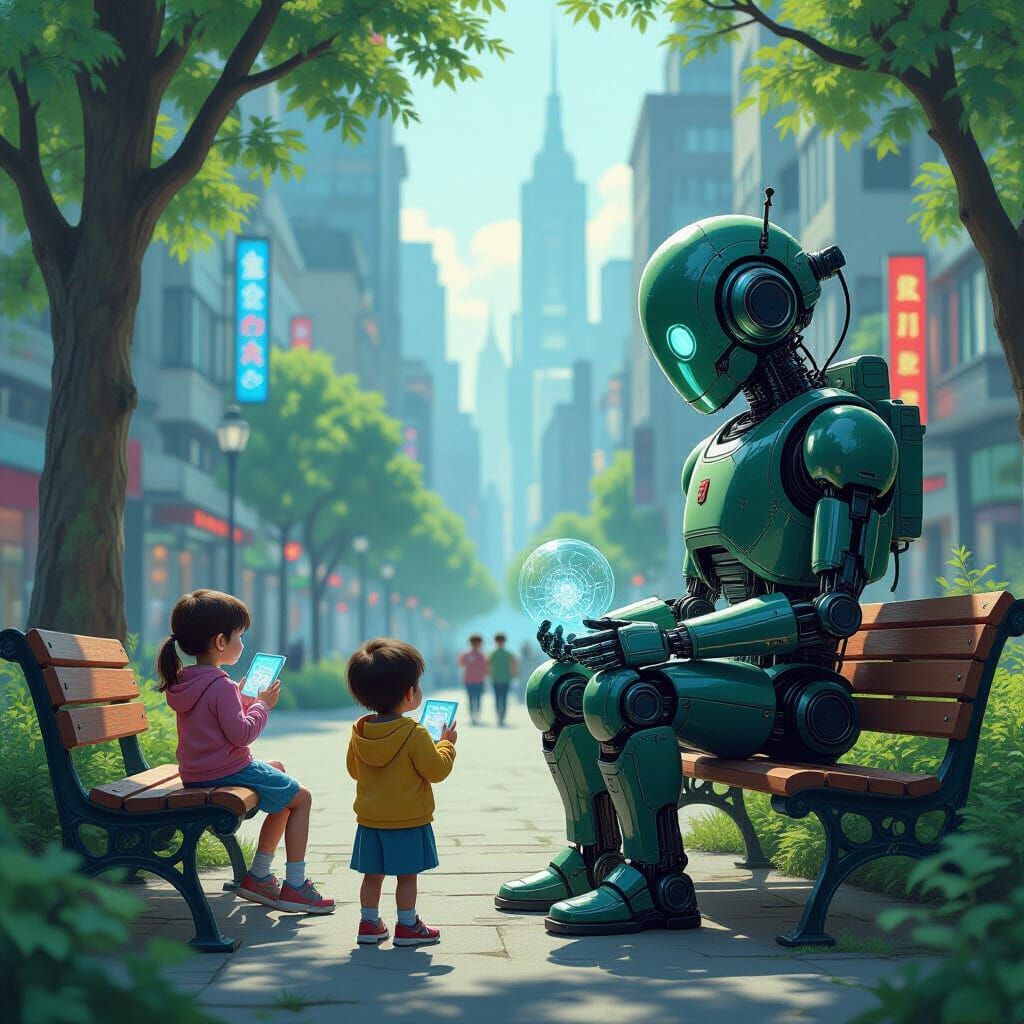 Ancient Automaton in Futuristic Metropolis Watching Holograp...