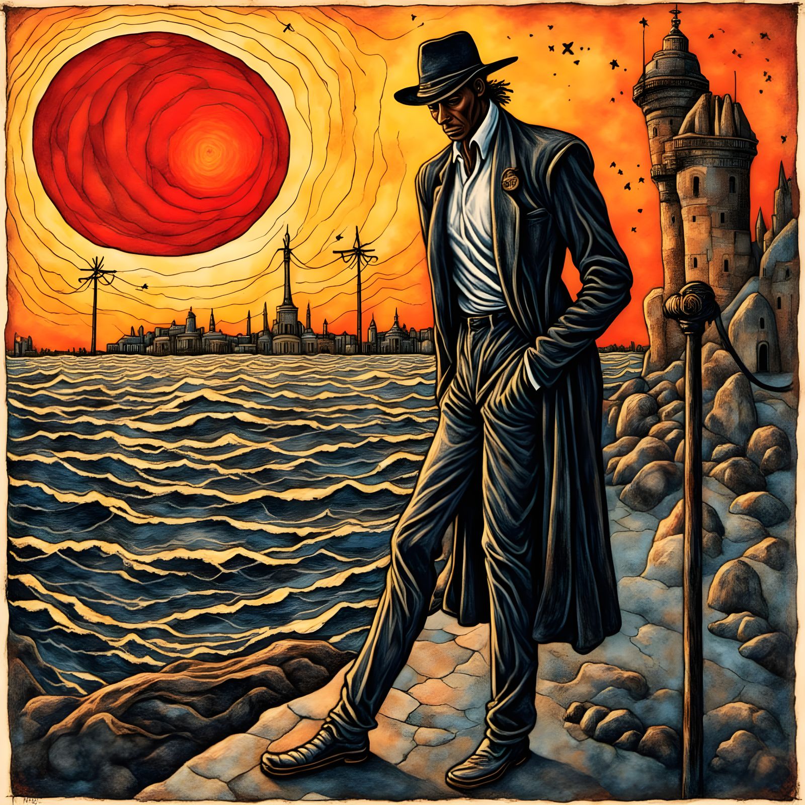 Vibrant Abstract Sunset with Bold Linework