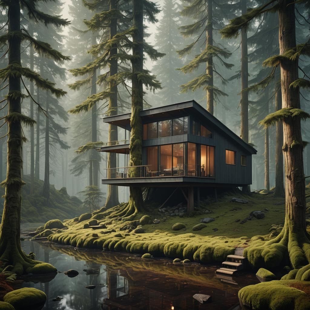 Cabin in Mystical Forest: Hyperrealistic Matte Painting