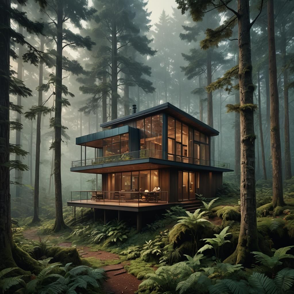 Cabin Retreat in Forest: Hyper-Realistic Digital Matte Paint...