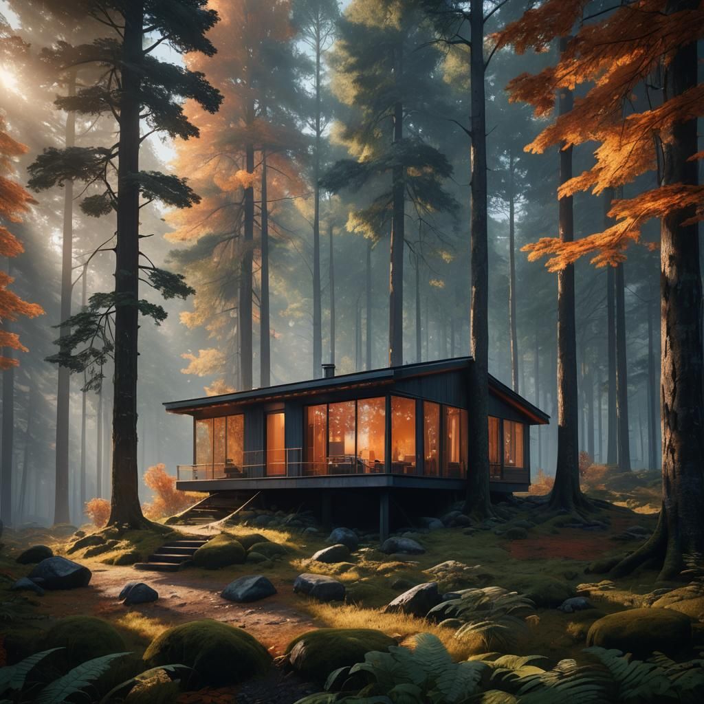 Cabin in Forest: Hyper-Realistic Digital Matte Painting