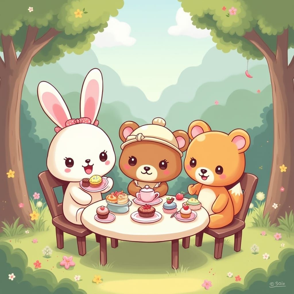 Kawaii Cartoon Animals Tea Party in Pastel Forest