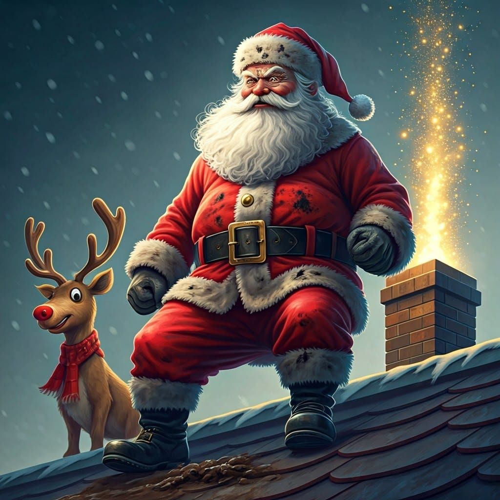 Furious Santa Claus Clad in Charcoal-Stained Suit on Rooftop