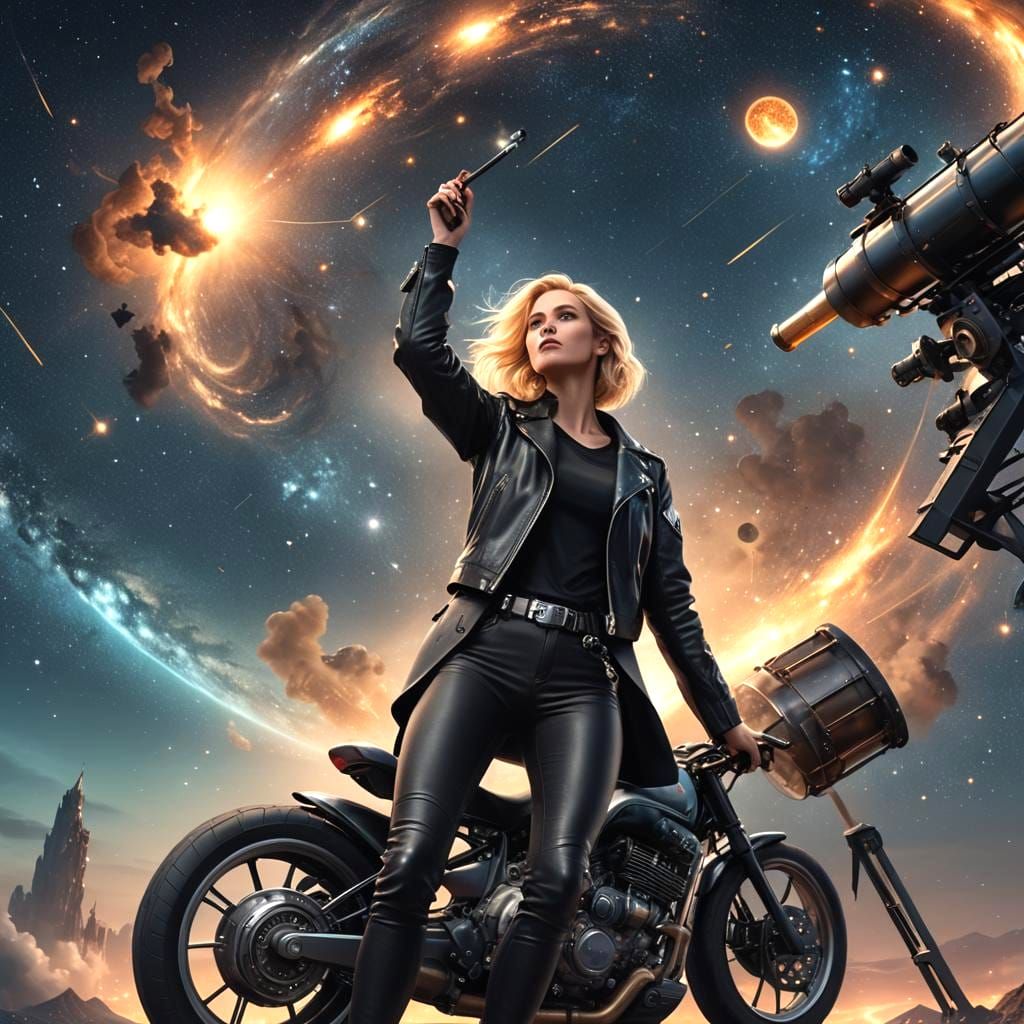 Blonde Babe Smoking with Hubble Telescope in Digital Art