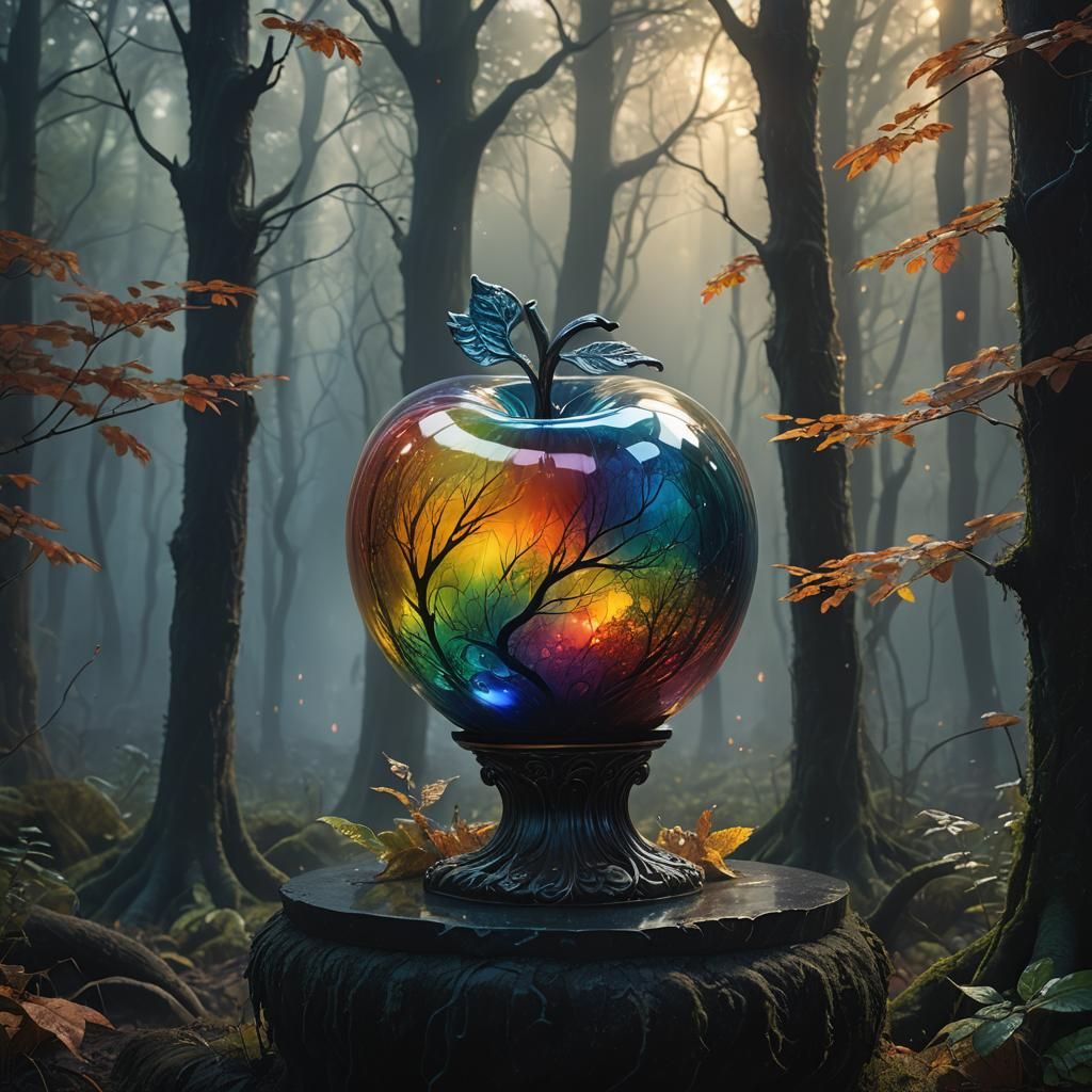 Rainbow Glass Apple in a Misty Forest