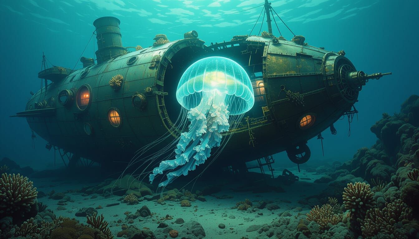 Bioluminescent Jellyfish in Steampunk Airship Wreckage