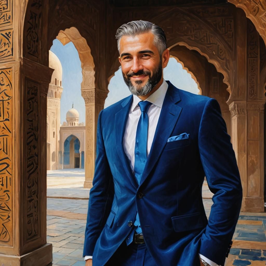 Handsome Man in Blue Velvet Suit, Impressionist Oil Painting