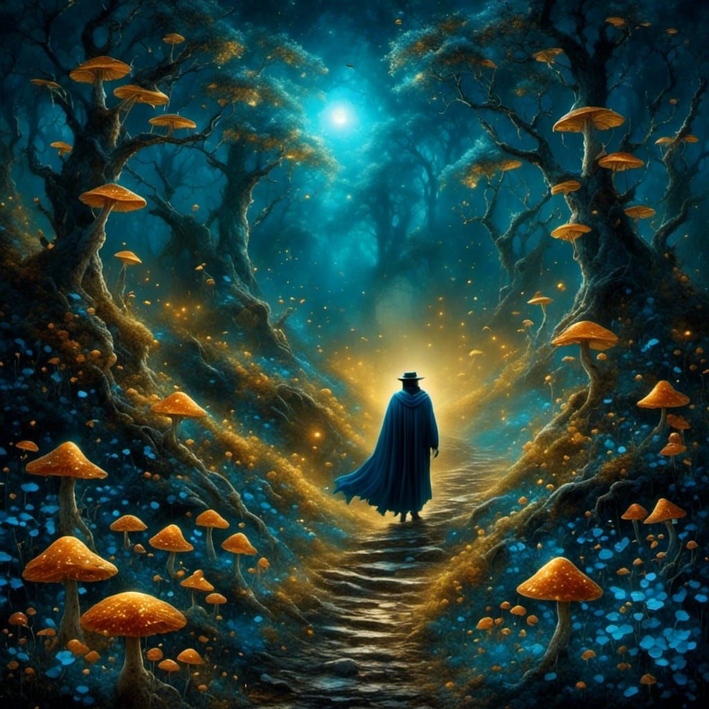 Mystical Wizard in Enchanted Forest at Night