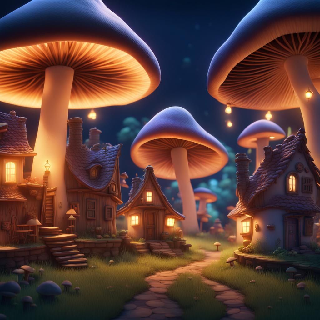 Enchanted Mushroom Village at Night in 3D Digital Art