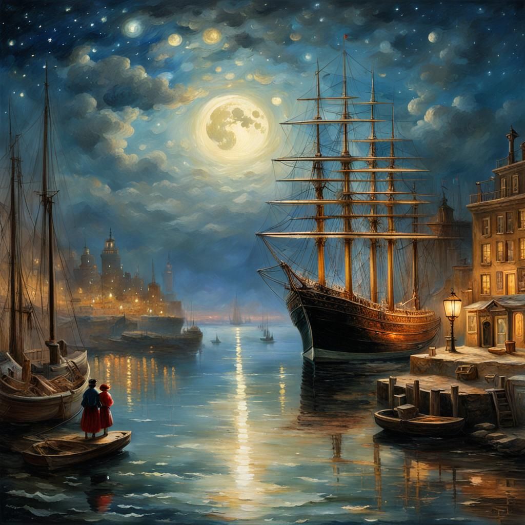 Starry Harbor Scene with Sailing Ships