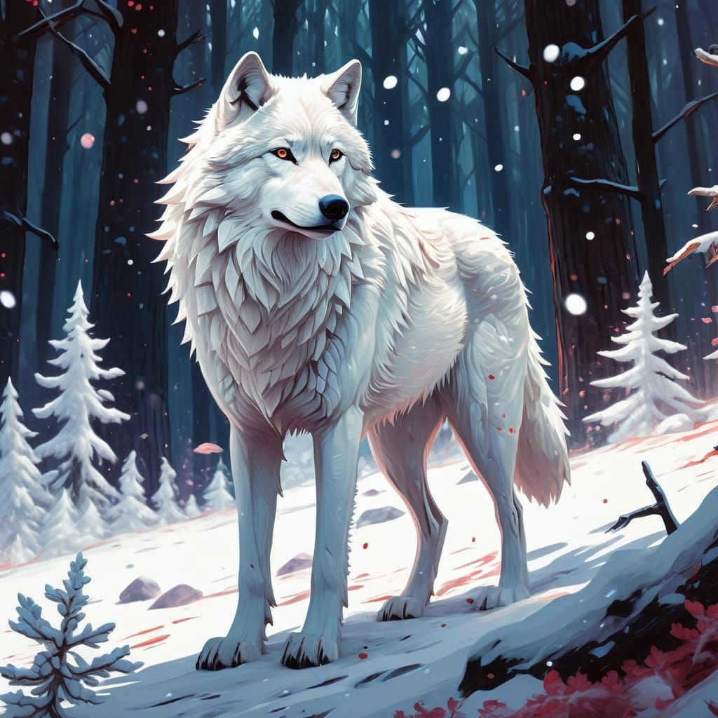 snow and snowflakes falling with a white wolf