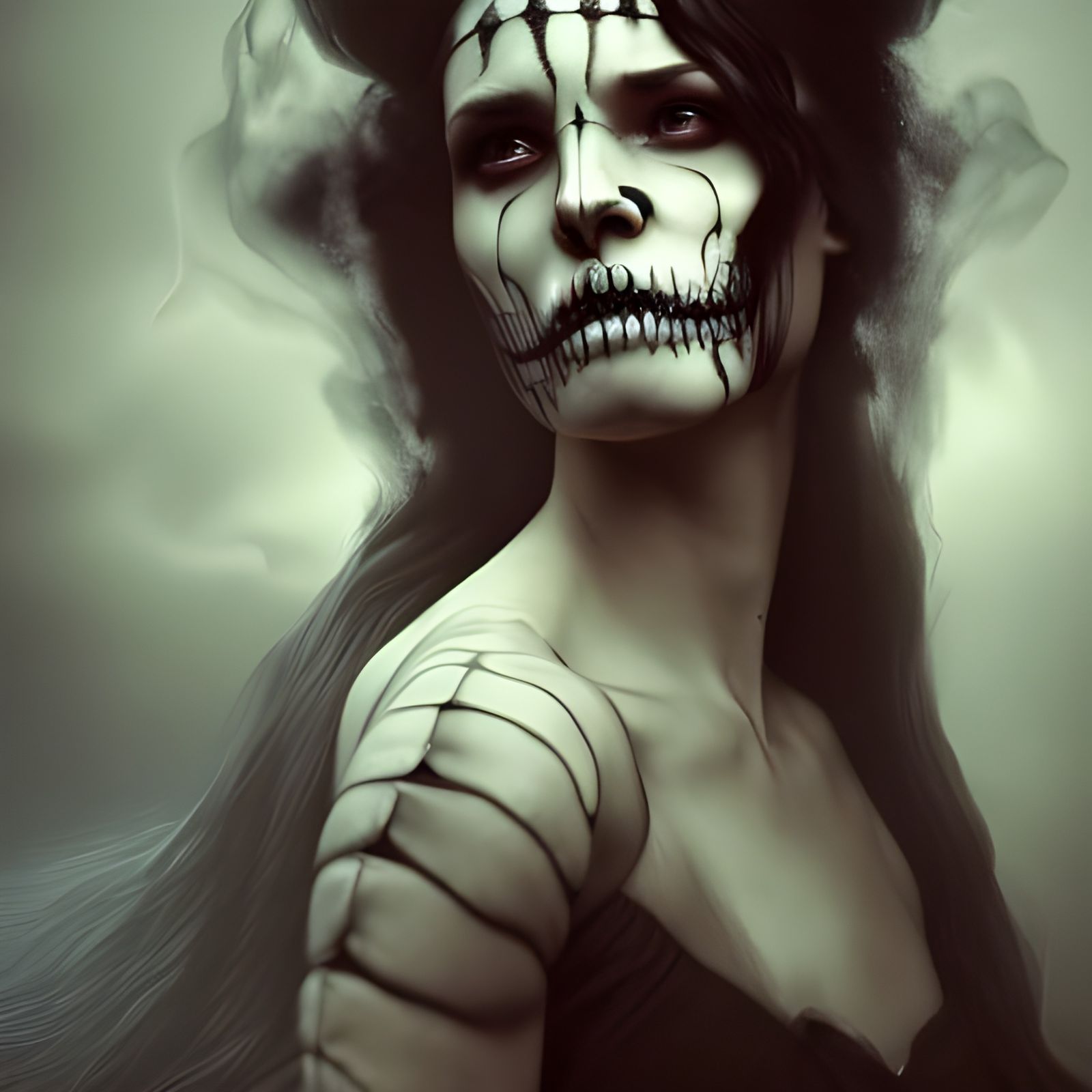 Skull-Faced Woman with Fire Hair in Renaissance Style