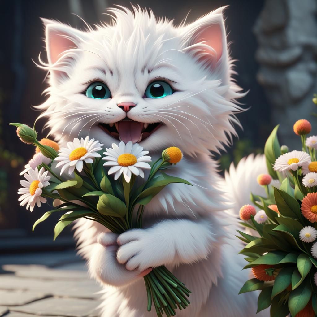 Laughing Kitten with Flowers in 3D Game Style