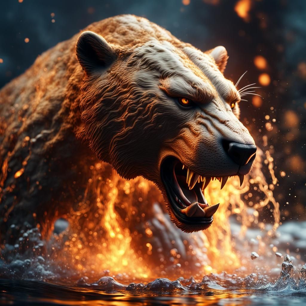 Photorealistic Sabertooth Bear of Water and Fire