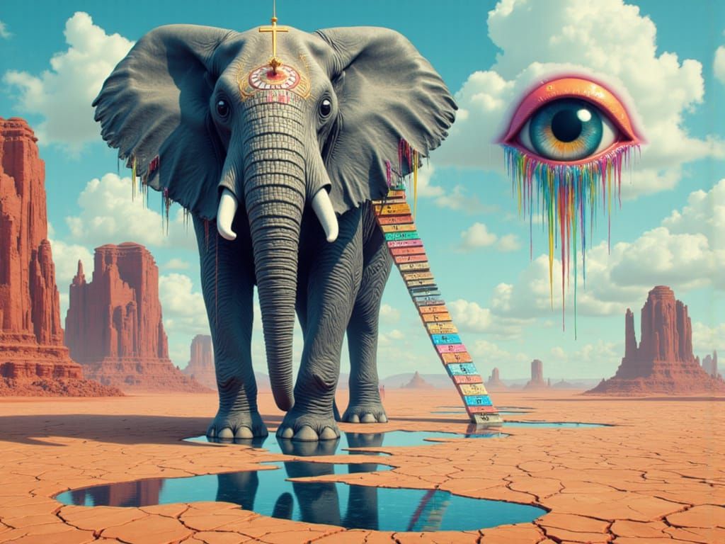 Surreal Elephant Clock Tower in Alien Desert Landscape