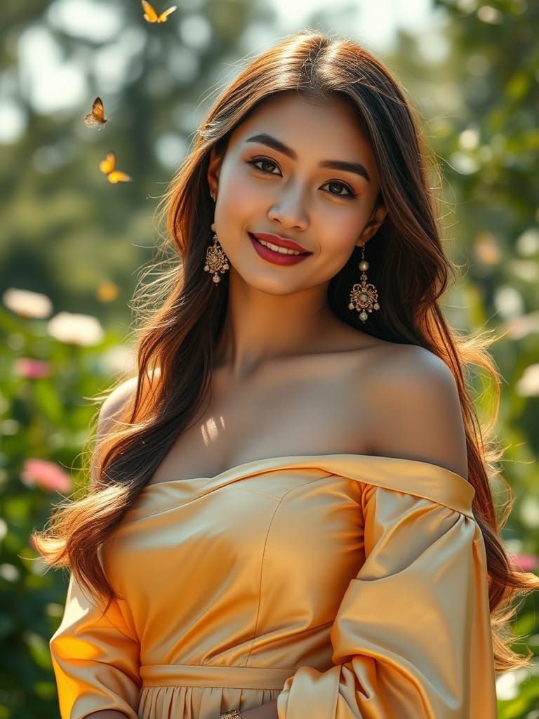 Radiant Woman in Flowing Gown, Hyper-realistic Photography
