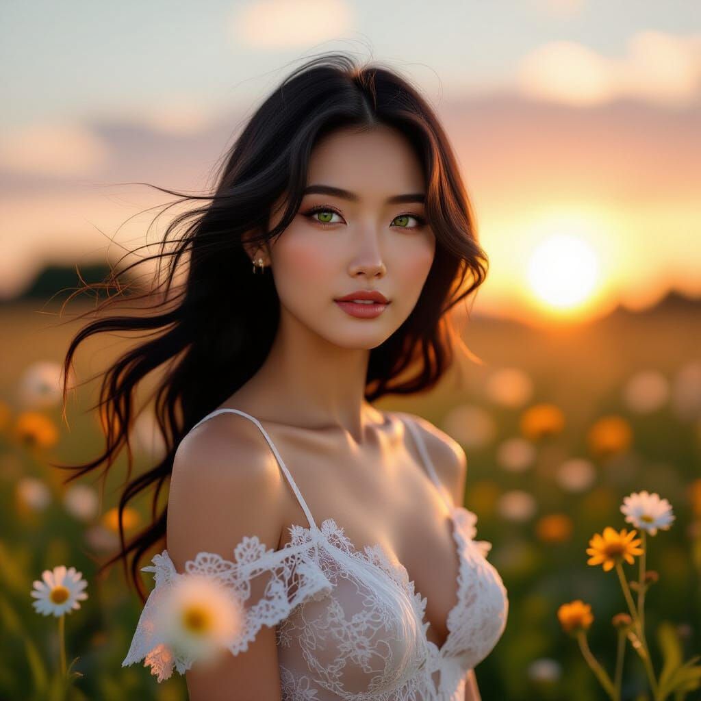 Ethereal Woman in Wildflower Field at Dawn, Hyper-Realistic